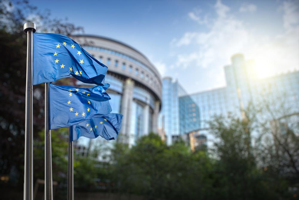 eu flags in front of eu parliament in brussels